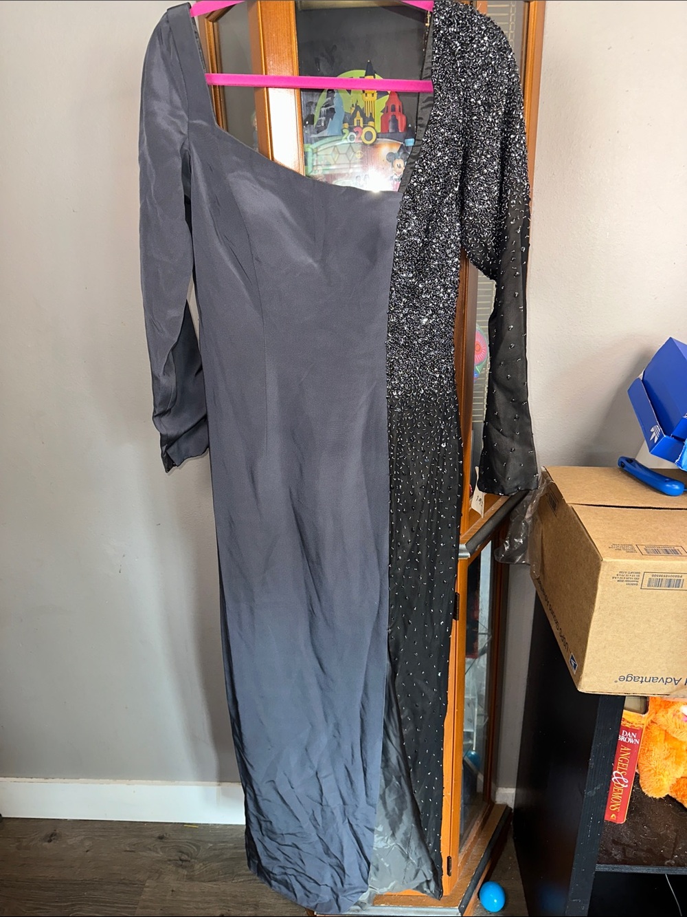 Stephen Yearick One-Shoulder Black Evening Gown with Sparkle Sleeve